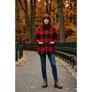 Pendleton Wool Buffalo Plaid Coat Jacket Full Zip Red Black Womens Size XL
